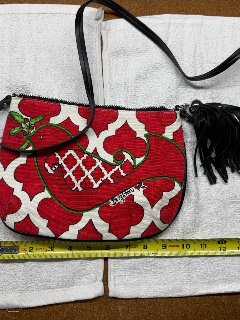 Brighton Red and White Paisley Crossbody with Black Tassel